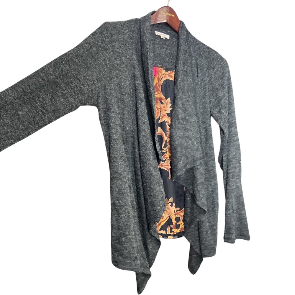 Anthropologie S Mystree Gray Draped Front Velvet Burnout‎ Back Cardigan Sweater